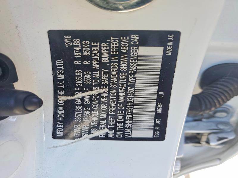 Продаж на аукціоні авто 2017 Honda Civic, vin: SHHFK7H91HU214507, номер лоту: 60820166