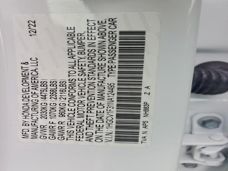 2022 Honda Accord მანქანა იყიდება აუქციონზე, vin: 1HGCV1F31NA124495, აუქციონის ნომერი: 59945646