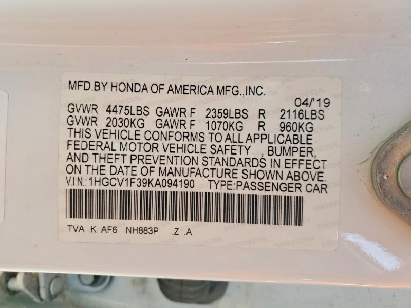 Продажа на аукционе авто 2019 Honda Accord, vin: 1HGCV1F39KA094190, номер лота: 59975816