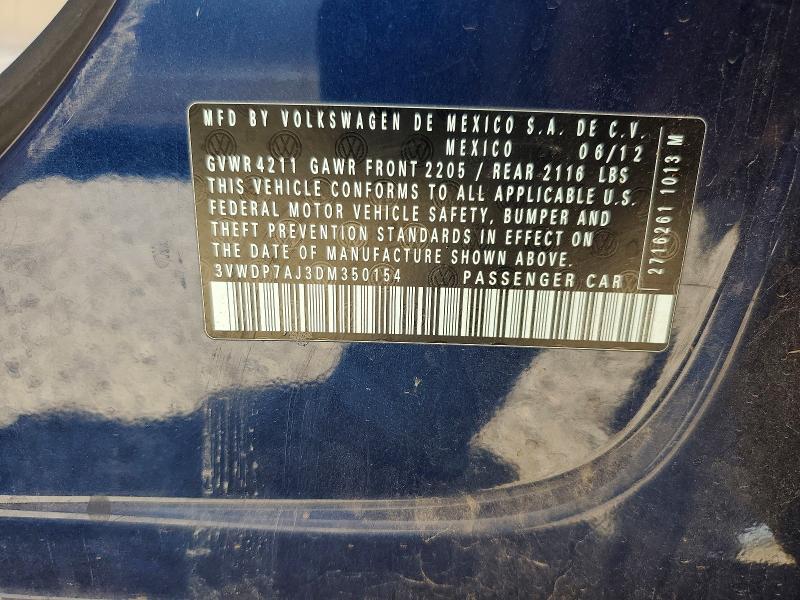 2013 Volkswagen Jetta მანქანა იყიდება აუქციონზე, vin: 3VWDP7AJ3DM350154, აუქციონის ნომერი: 62486956