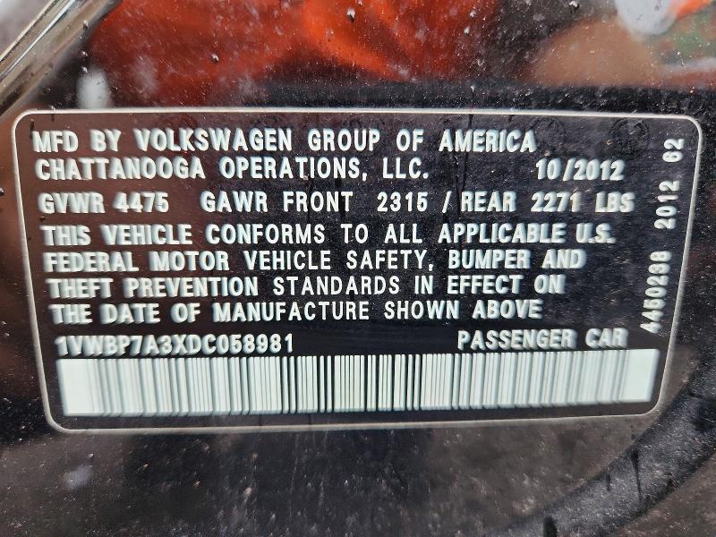 Aukcja sprzedaży 2013 Volkswagen Passat, vin: 1VWBP7A3XDC058981, numer aukcji: 61917896