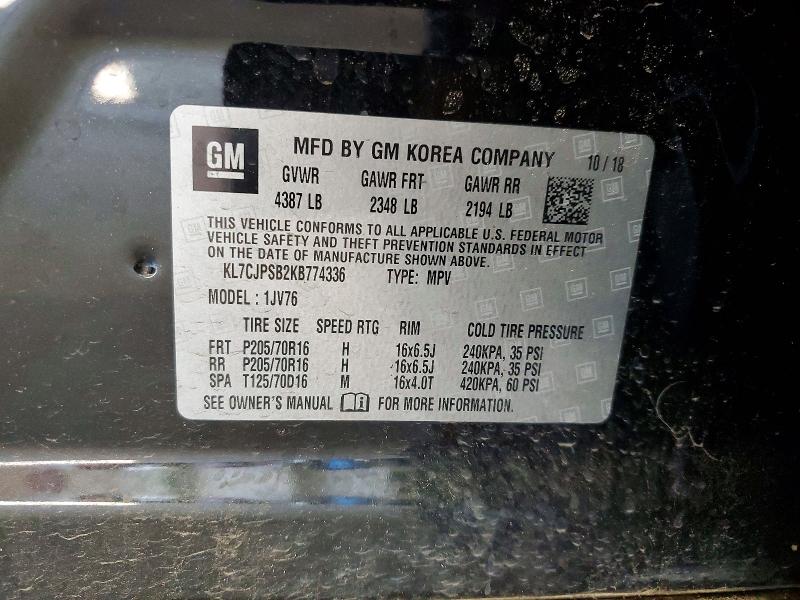 2019 Chevrolet Trax მანქანა იყიდება აუქციონზე, vin: KL7CJPSB2KB774336, აუქციონის ნომერი: 60325136