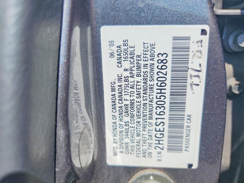 Продаж на аукціоні авто 2005 Honda Civic, vin: 2HGES16305H602683, номер лоту: 63199946