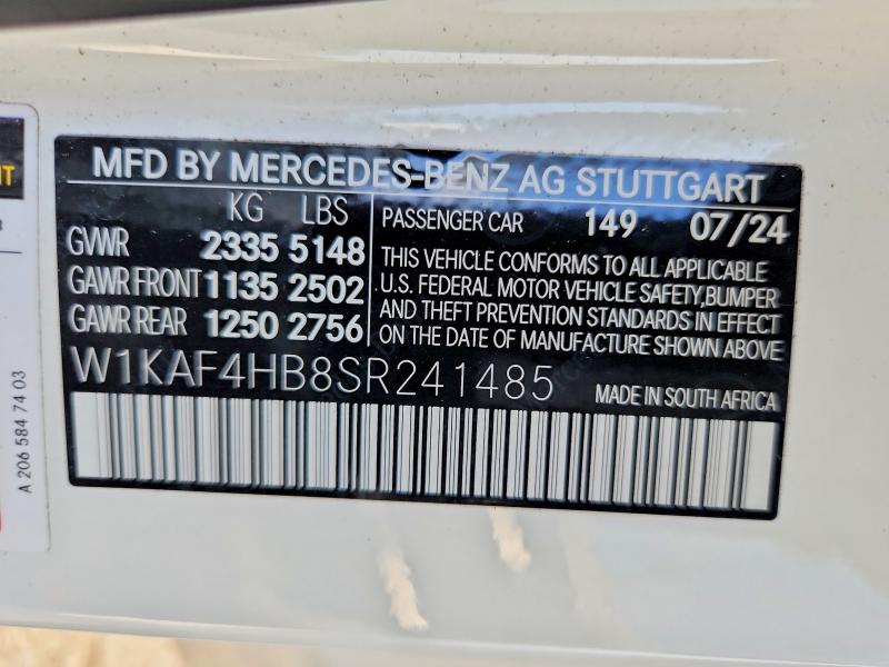 62816016 :رقم المزاد ، W1KAF4HB8SR241485 vin ، 2025 Mercedes-benz C مزاد بيع