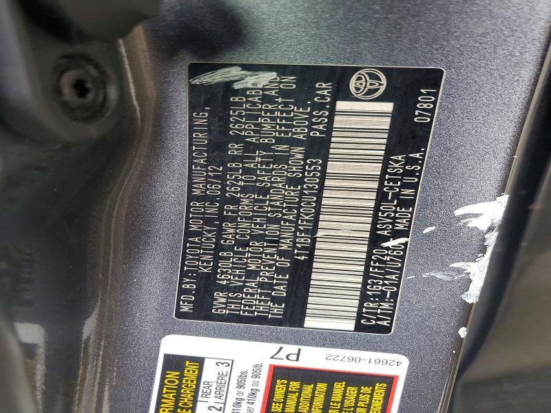2012 Toyota Camry მანქანა იყიდება აუქციონზე, vin: 4T1BF1FK0CU130553, აუქციონის ნომერი: 62298986