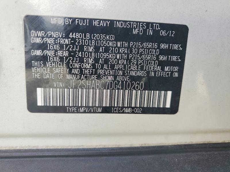 61438806 :رقم المزاد ، JF2SHABC7DG410260 vin ، 2013 Subaru Forester مزاد بيع