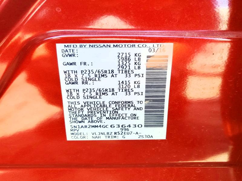 Продаж на аукціоні авто 2016 Nissan Pathfinder, vin: 5N1AR2MM4GC636430, номер лоту: 61152616
