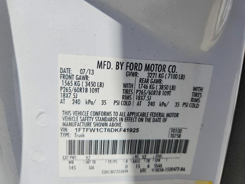 2013 Ford F150 მანქანა იყიდება აუქციონზე, vin: 1FTFW1CT6DKF41925, აუქციონის ნომერი: 85625715
