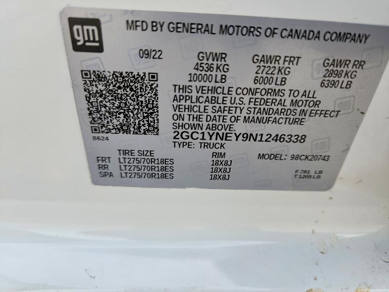 60798026 :رقم المزاد ، 2GC1YNEY9N1246338 vin ، 2022 Chevrolet Silverado مزاد بيع