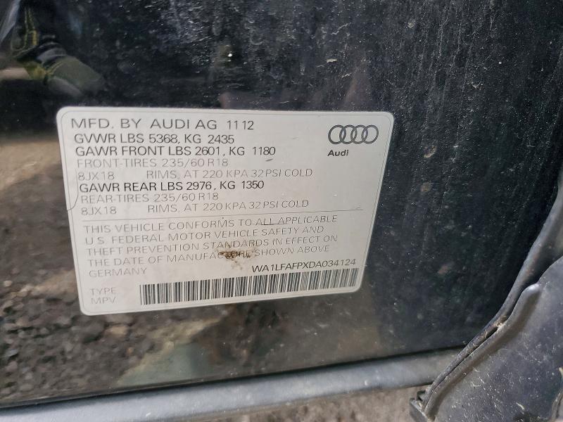 61718356 :رقم المزاد ، WA1LFAFPXDA034124 vin ، 2013 Audi Q5 مزاد بيع