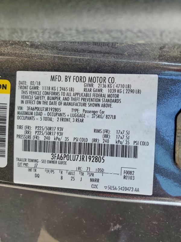 Продажа на аукционе авто 2018 Ford Fusion, vin: 3FA6P0LU7JR192805, номер лота: 59380456