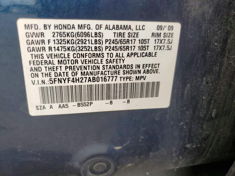 2010 Honda Pilot მანქანა იყიდება აუქციონზე, vin: 5FNYF4H27AB016777, აუქციონის ნომერი: 62957046