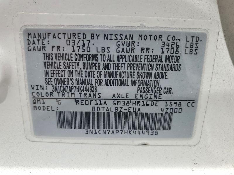 Продажа на аукционе авто 2017 Nissan Versa, vin: 3N1CN7AP7HK444938, номер лота: 60327636