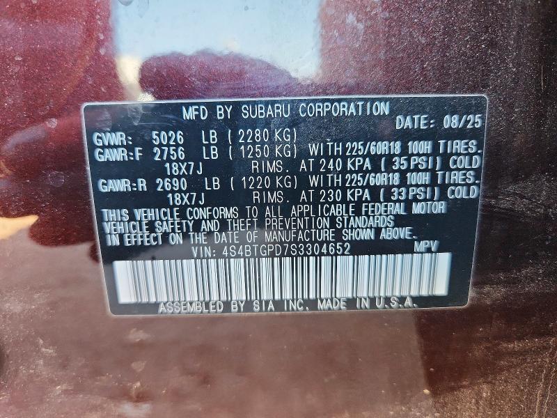2025 Subaru Outback მანქანა იყიდება აუქციონზე, vin: 4S4BTGPD7S3304652, აუქციონის ნომერი: 60808416