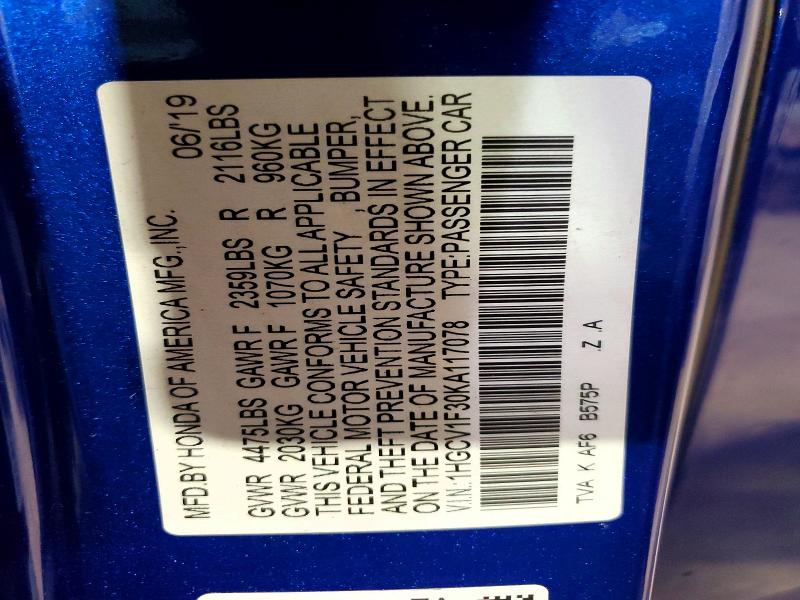2019 Honda Accord მანქანა იყიდება აუქციონზე, vin: 1HGCV1F30KA117078, აუქციონის ნომერი: 62469936