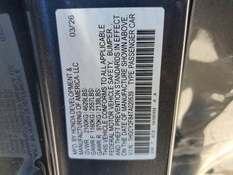 Aukcja sprzedaży 2026 Honda Accord, vin: 1HGCY2F84TA020539, numer aukcji: 62642076