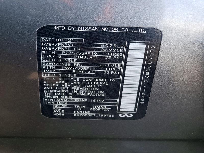 Aukcja sprzedaży 2021 Infiniti Qx50, vin: 3PCAJ5BB9MF115197, numer aukcji: 60033436