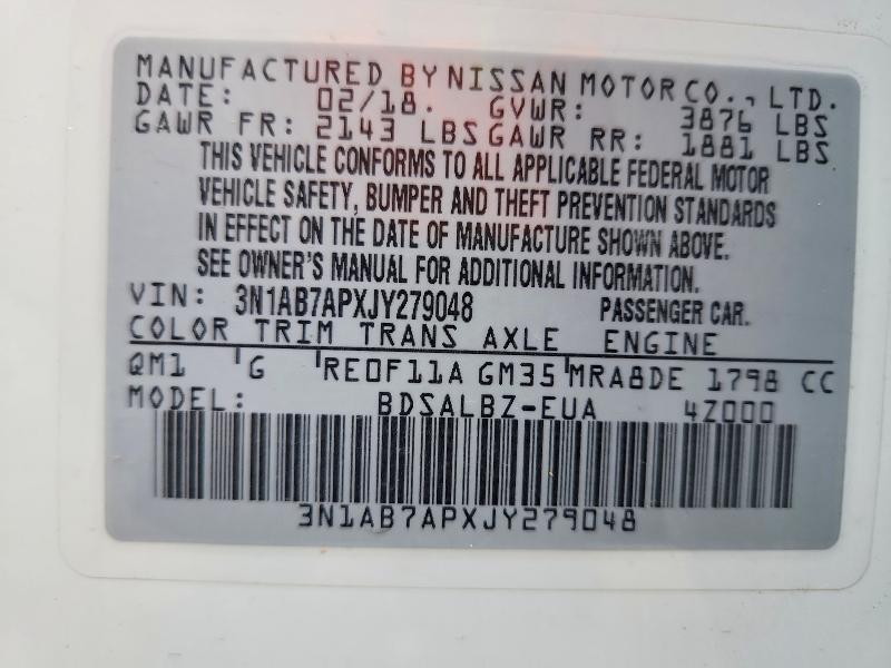 2018 Nissan Sentra მანქანა იყიდება აუქციონზე, vin: 3N1AB7APXJY279048, აუქციონის ნომერი: 59230376