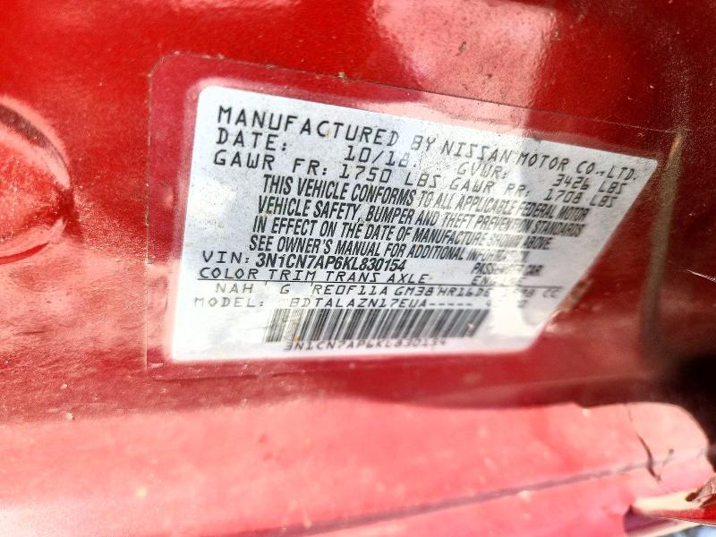 2019 Nissan Versa მანქანა იყიდება აუქციონზე, vin: 3N1CN7AP6KL830154, აუქციონის ნომერი: 60871136