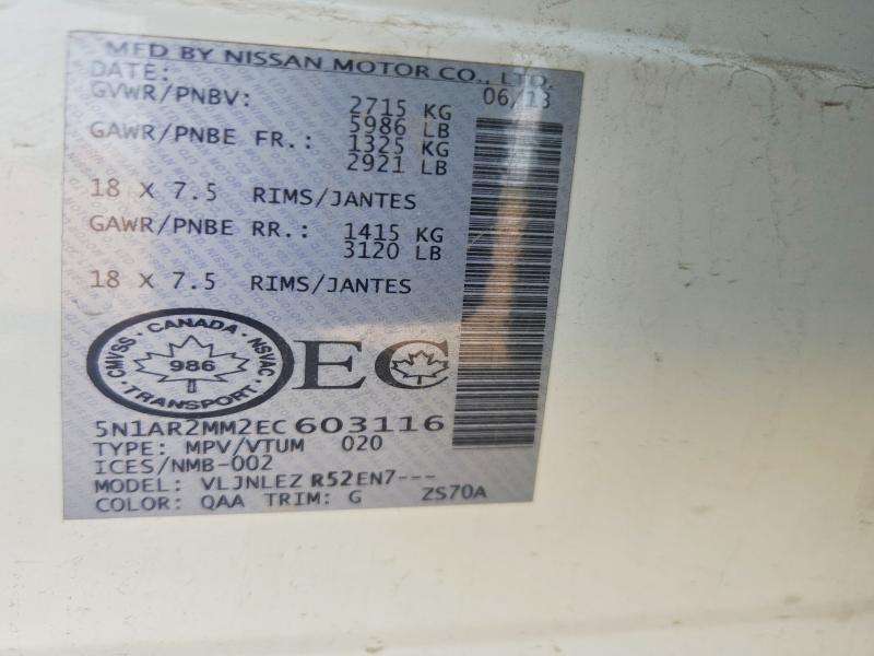 Aukcja sprzedaży 2014 Nissan Pathfinder, vin: 5N1AR2MM2EC603116, numer aukcji: 62345396