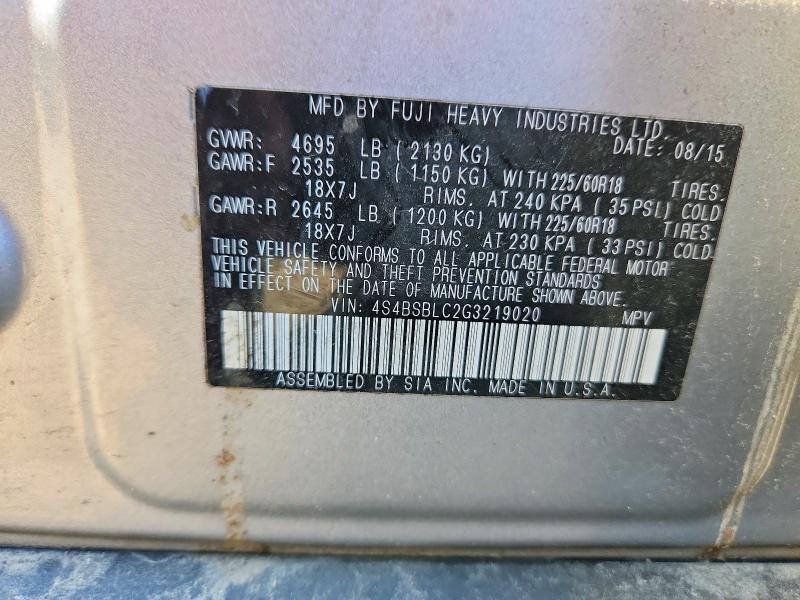Aukcja sprzedaży 2016 Subaru Outback, vin: 4S4BSBLC2G3219020, numer aukcji: 59873106