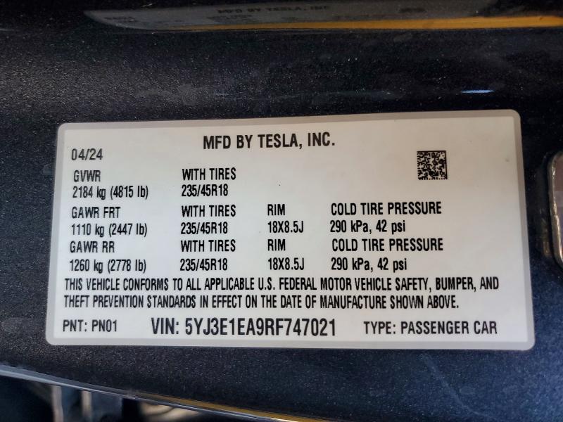 Aukcja sprzedaży 2024 Tesla Model 3, vin: 5YJ3E1EA9RF747021, numer aukcji: 62318456
