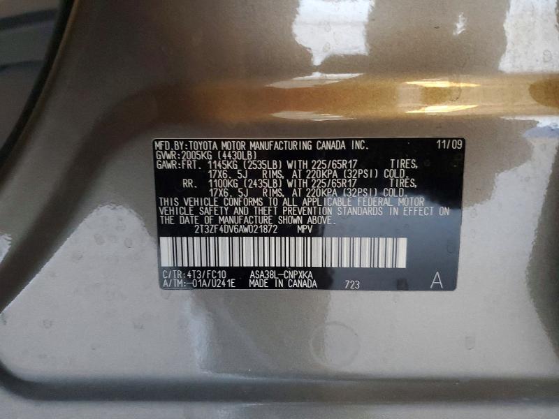 62707956 :رقم المزاد ، 2T3ZF4DV6AW021872 vin ، 2010 Toyota Rav4 مزاد بيع