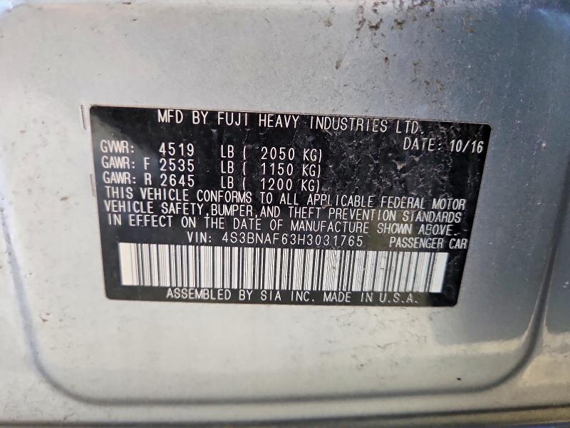 61480546 :رقم المزاد ، 4S3BNAF63H3031765 vin ، 2017 Subaru Legacy مزاد بيع