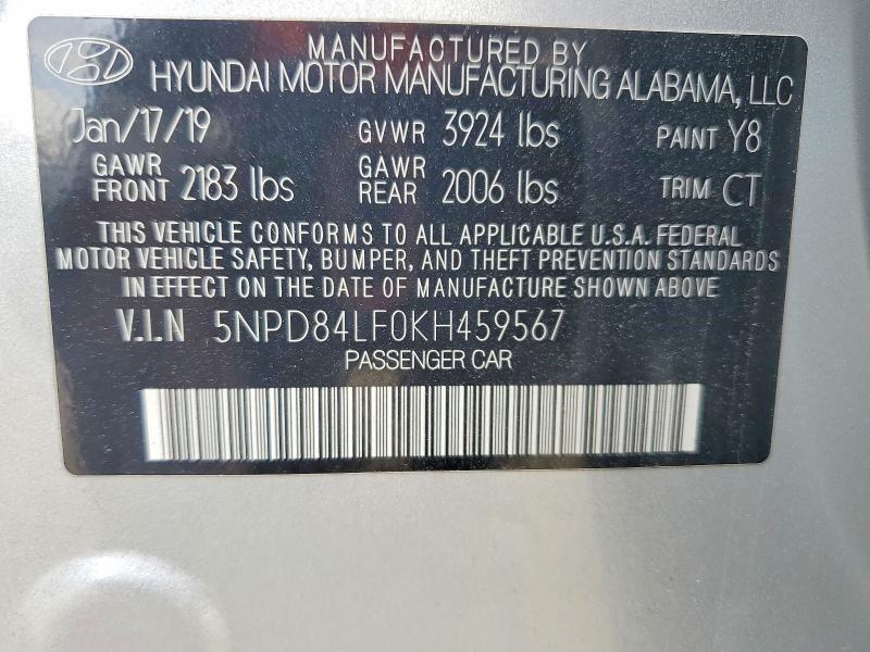 Aukcja sprzedaży 2019 Hyundai Elantra, vin: 5NPD84LF0KH459567, numer aukcji: 62939176