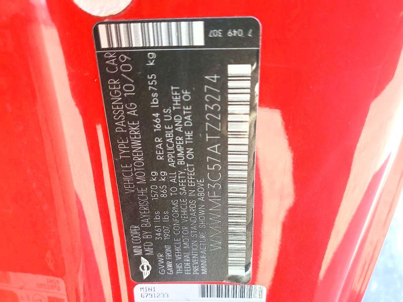 Aukcja sprzedaży 2010 Mini Cooper, vin: WMWMF3C57ATZ23274, numer aukcji: 60977766