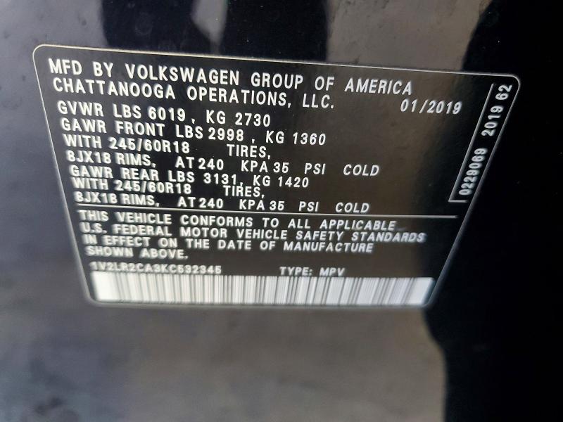 62450816 :رقم المزاد ، 1V2LR2CA3KC532345 vin ، 2019 Volkswagen Atlas مزاد بيع