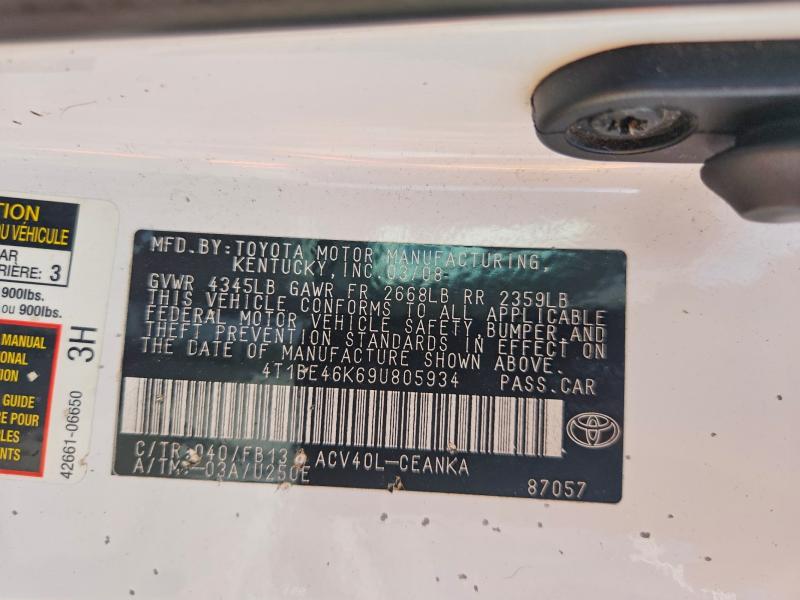 2009 Toyota Camry მანქანა იყიდება აუქციონზე, vin: 4T1BE46K69U805934, აუქციონის ნომერი: 60598216
