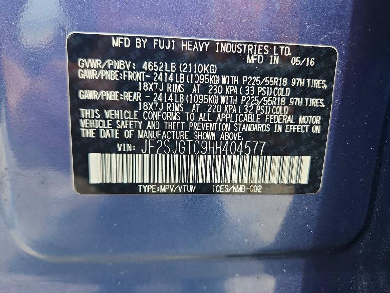 2017 Subaru Forester მანქანა იყიდება აუქციონზე, vin: JF2SJGTC9HH404577, აუქციონის ნომერი: 61357506