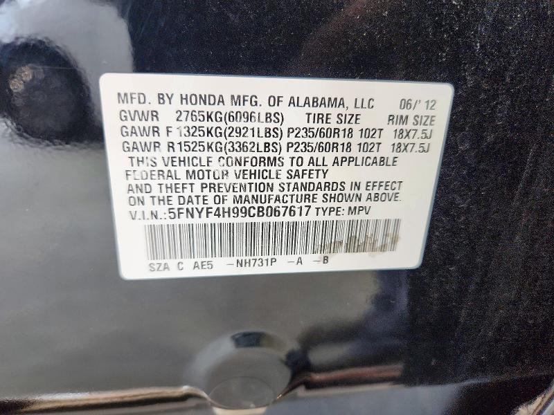 2012 Honda Pilot მანქანა იყიდება აუქციონზე, vin: 5FNYF4H99CB067617, აუქციონის ნომერი: 60962646