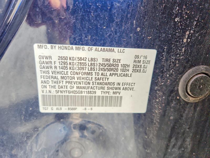 Aukcja sprzedaży 2016 Honda Pilot, vin: 5FNYF6H05GB118839, numer aukcji: 63037066