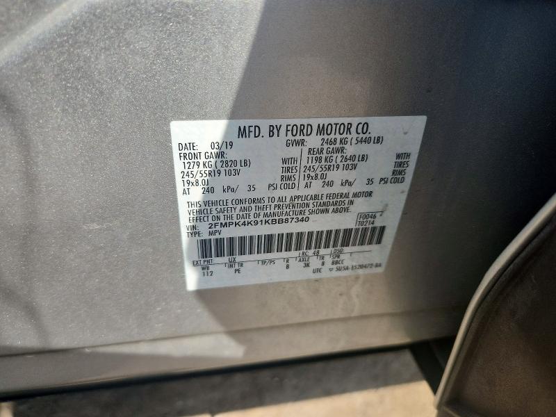 Продаж на аукціоні авто 2019 Ford Edge, vin: 2FMPK4K91KBB87340, номер лоту: 59619606