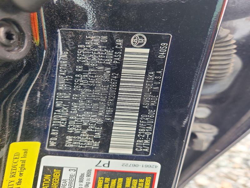 62391046 :رقم المزاد ، 4T1BF1FK2DU286742 vin ، 2013 Toyota Camry مزاد بيع