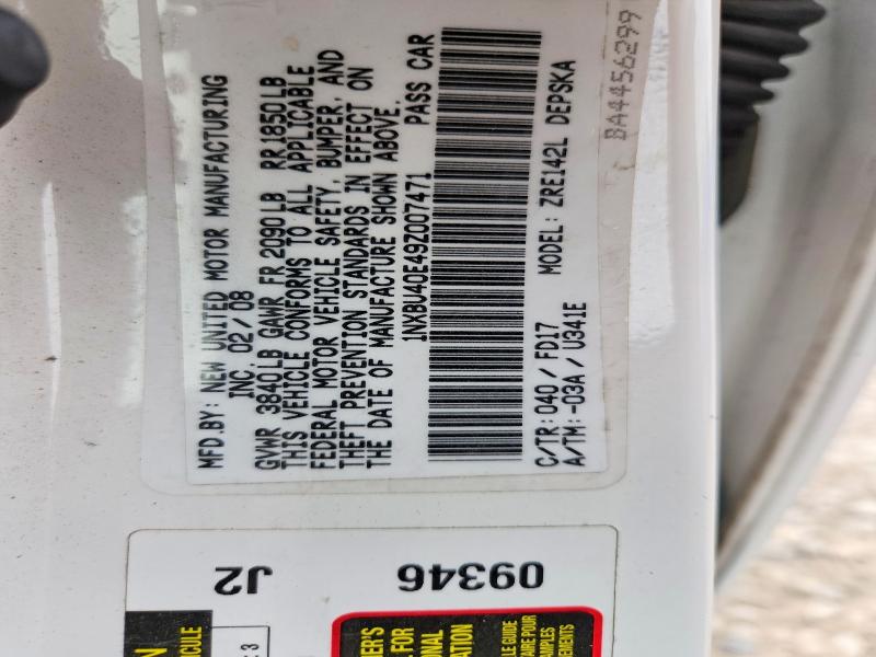 62537626 :رقم المزاد ، 1NXBU40E49Z007471 vin ، 2009 Toyota Corolla مزاد بيع