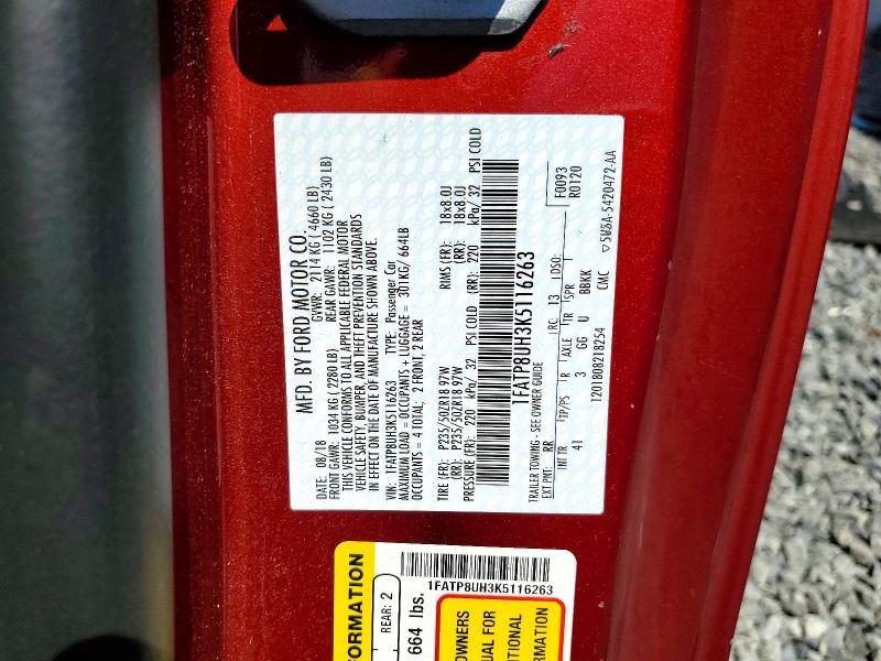 62043446 :رقم المزاد ، 1FATP8UH3K5116263 vin ، 2019 Ford Mustang مزاد بيع