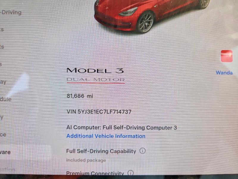 60810236 :رقم المزاد ، 5YJ3E1EC7LF714737 vin ، 2020 Tesla Model 3 مزاد بيع
