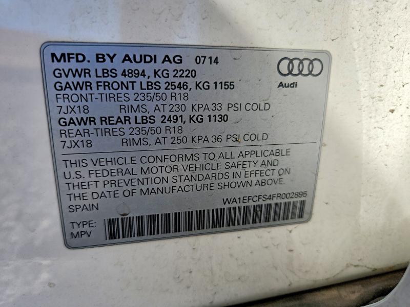 Aukcja sprzedaży 2015 Audi Q3, vin: WA1EFCFS4FR002895, numer aukcji: 63165396