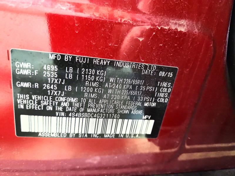 61273356 :رقم المزاد ، 4S4BSBDC4G3211760 vin ، 2016 Subaru Outback مزاد بيع