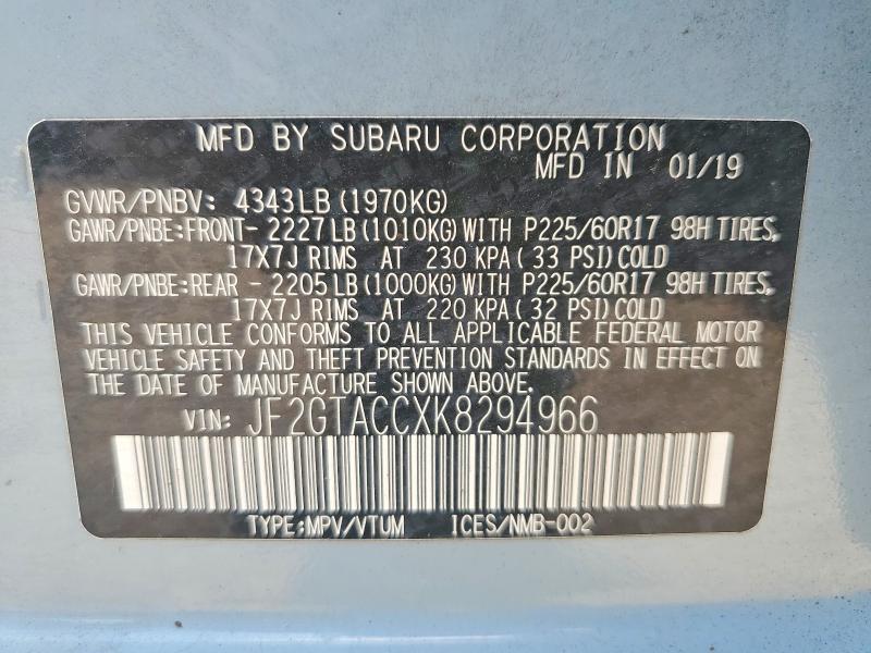 Aukcja sprzedaży 2019 Subaru Crosstrek, vin: JF2GTACCXK8294966, numer aukcji: 63147886