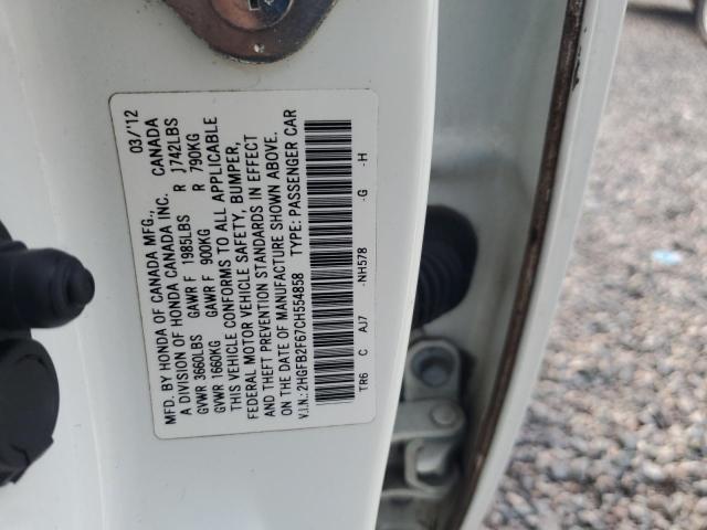 Продаж на аукціоні авто 2012 Honda Civic, vin: 2HGFB2F67CH554858, номер лоту: 60738896