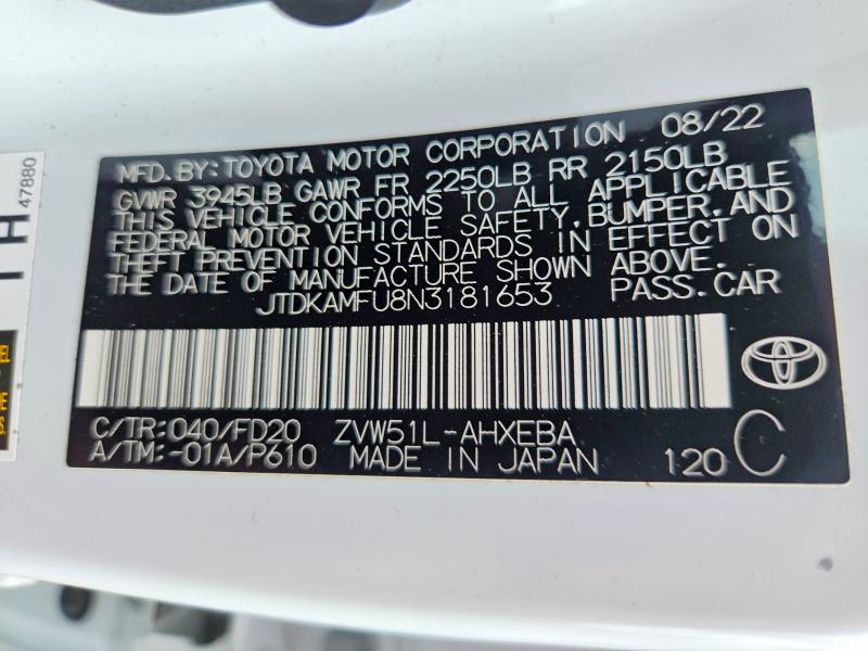 60765426 :رقم المزاد ، JTDKAMFU8N3181653 vin ، 2022 Toyota Prius مزاد بيع