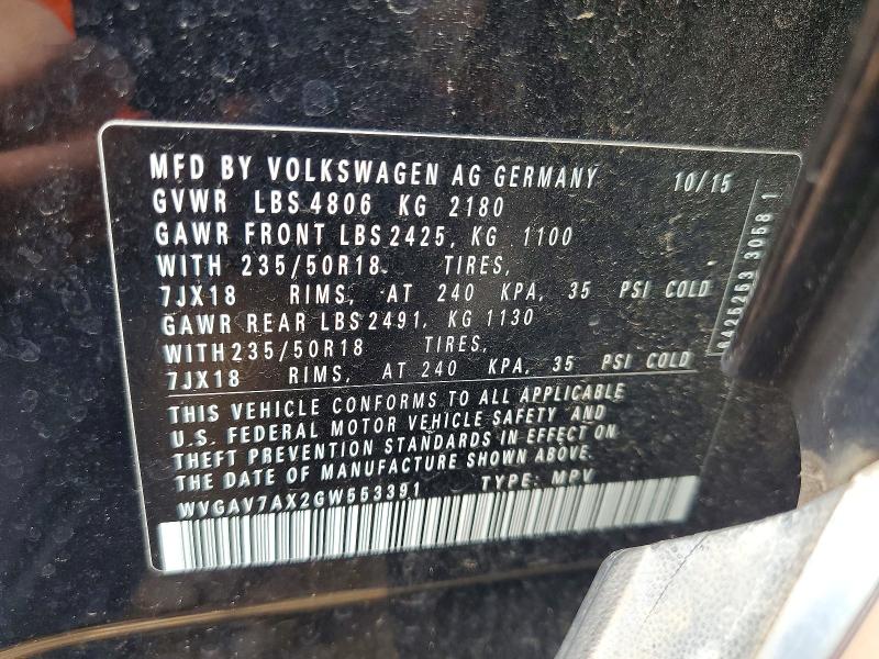 Auction sale of the 2016 Volkswagen Tiguan, vin: WVGAV7AX2GW553391, lot number: 60620156