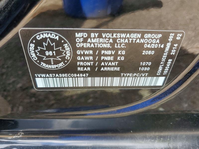2014 Volkswagen Passat მანქანა იყიდება აუქციონზე, vin: 1VWAS7A39EC094947, აუქციონის ნომერი: 59328456