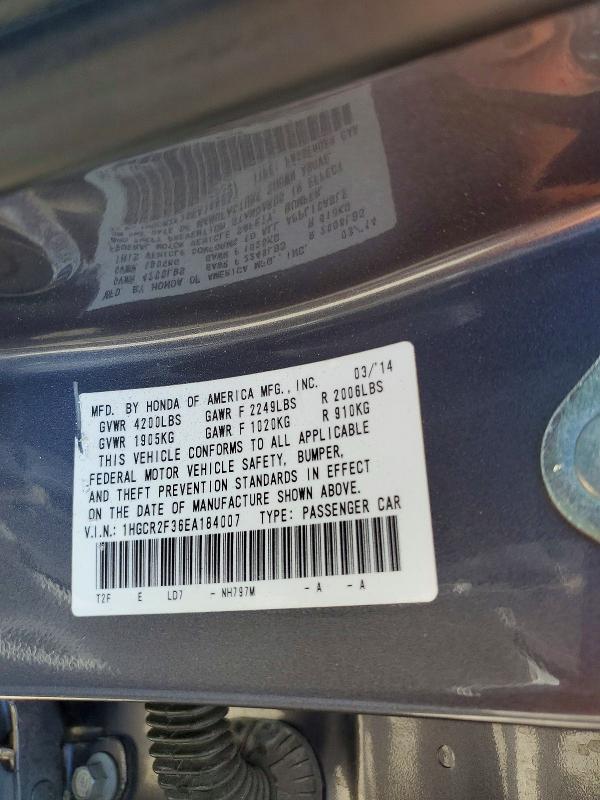 Auction sale of the 2014 Honda Accord, vin: 1HGCR2F36EA184007, lot number: 62684526
