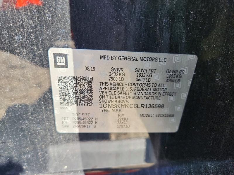 2020 Chevrolet Suburban მანქანა იყიდება აუქციონზე, vin: 1GNSKHKC6LR136598, აუქციონის ნომერი: 60578556