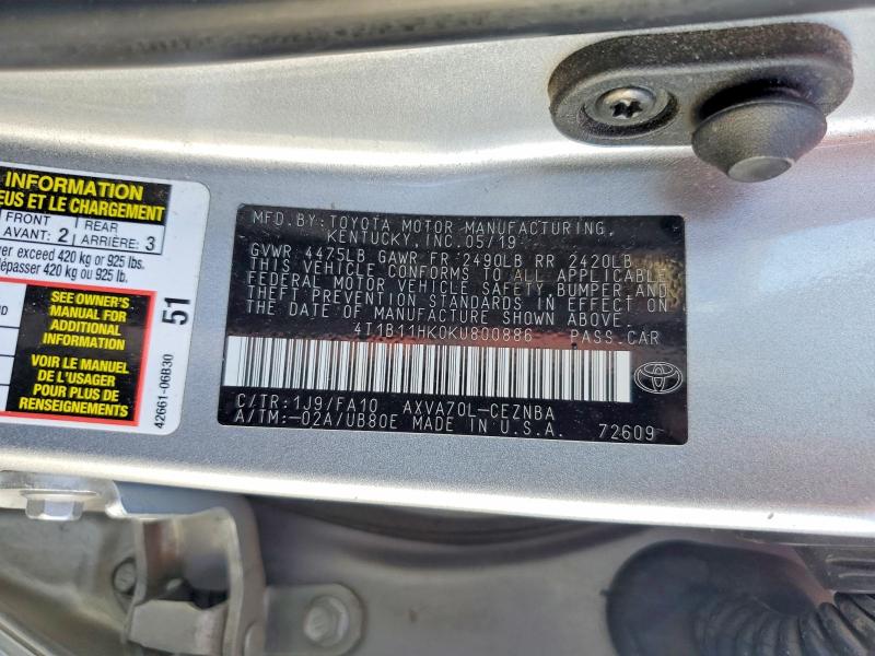 Aukcja sprzedaży 2019 Toyota Camry, vin: 4T1B11HK0KU800886, numer aukcji: 61083206